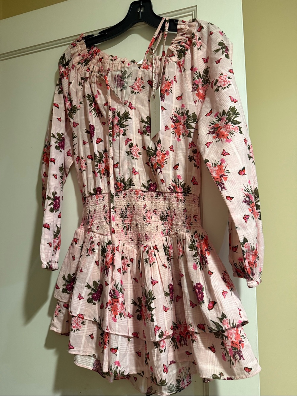 LoveShackFancy Pink Floral Off-Shoulder Smocked Tiered Mini Dress